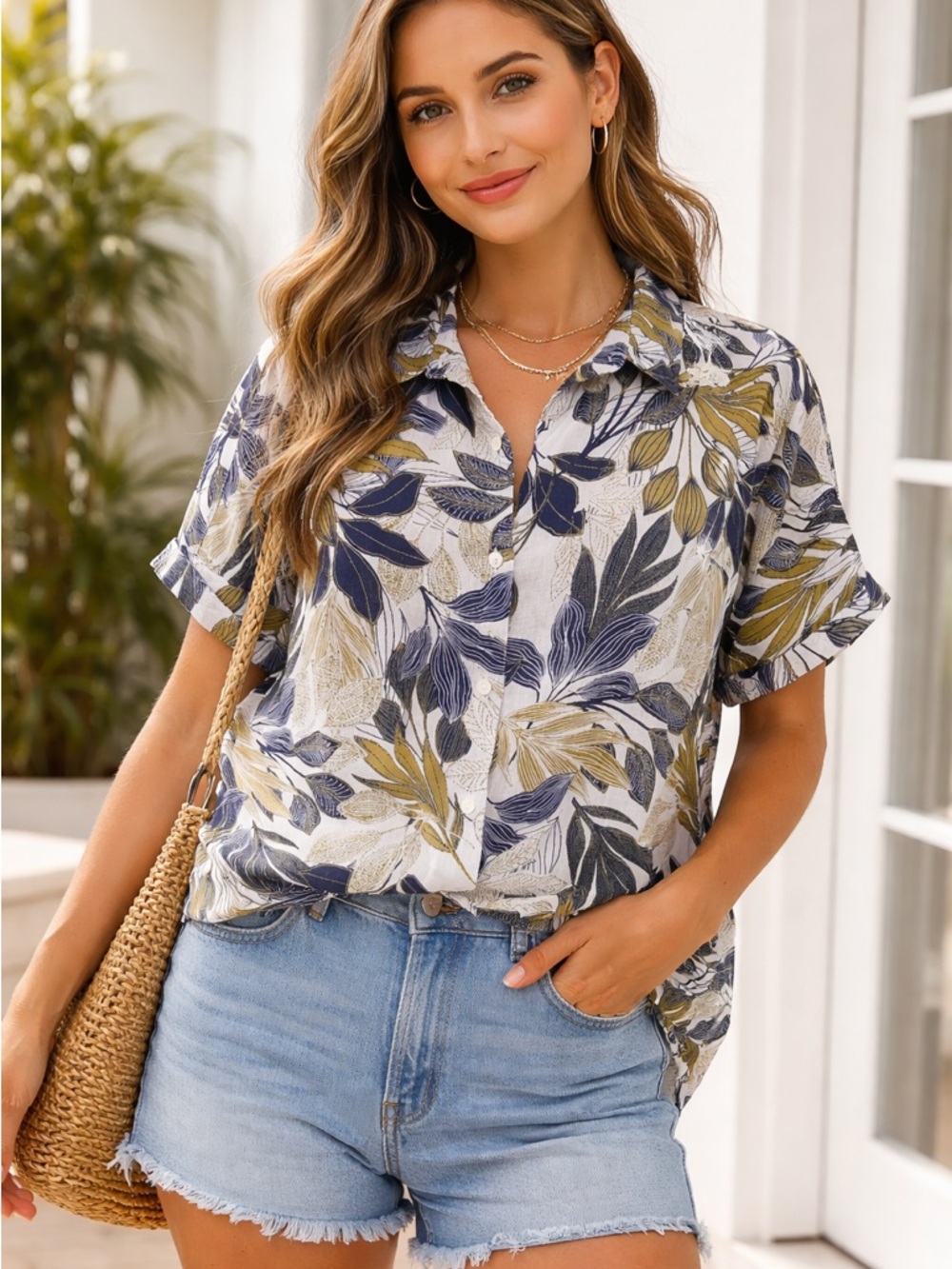Tahari SIZE:XL Short-Sleeve Button-Down, hawaiian floralmulticolored, 100%linen